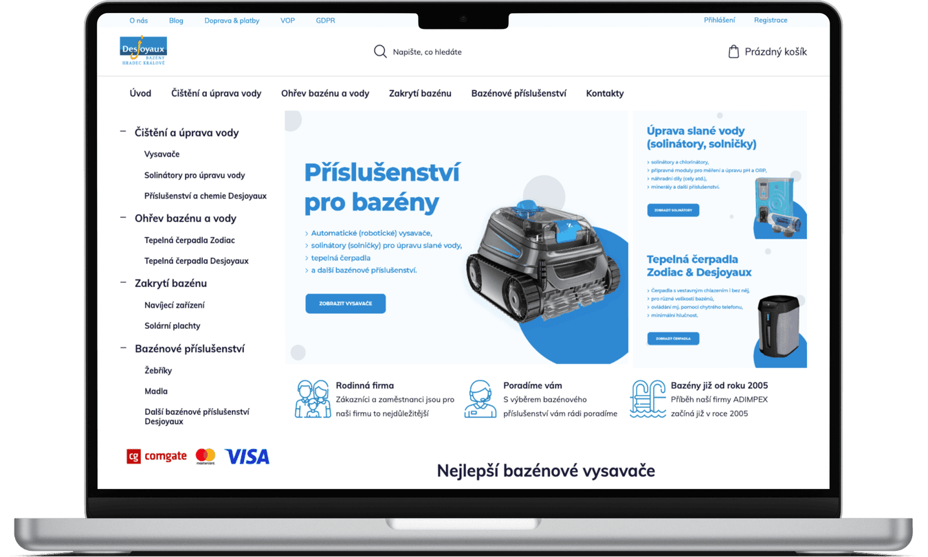 Zprovoznění e-shopu na Shoptetu na příslušenství pro bazény Desjoyaux