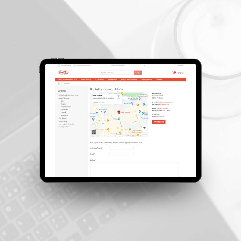 Kontaktní údaje na novém e-shopu ve velmi jednoduché a přehledné podobě