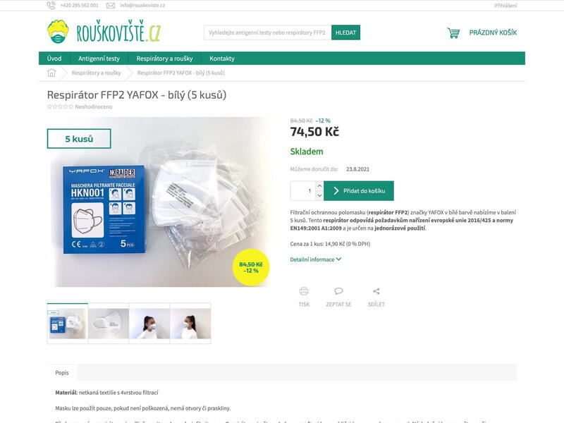 Detail produktu na novém e-shopu Rouškoviště na Shoptetu