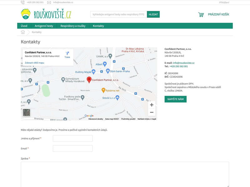 Jednoduché kontaktní údaje na e-shopu Rouškoviště